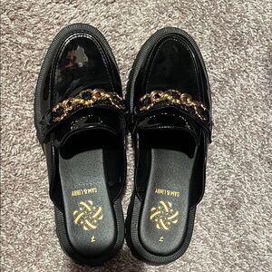 Black Patent Loafers with Gold Chain
